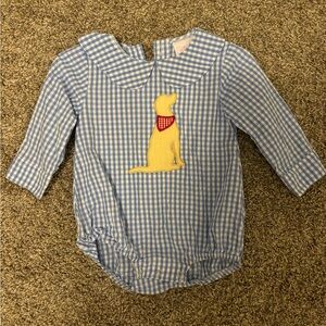 Blue Gingham Stitchy Fish Boys Bubble with Yellow Dog Design